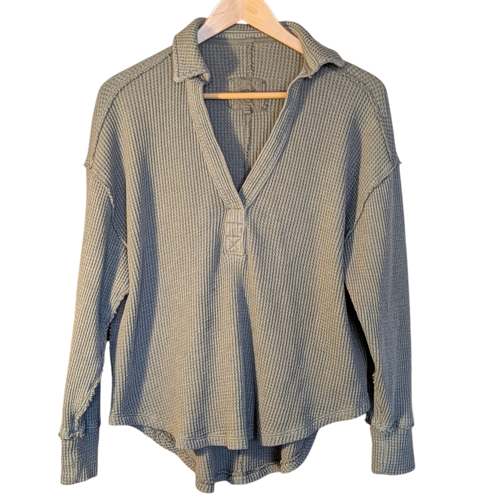 Aerie Green Waffle Knit Sweater XS Oversize Athleisure Outdoor Casual Cozy